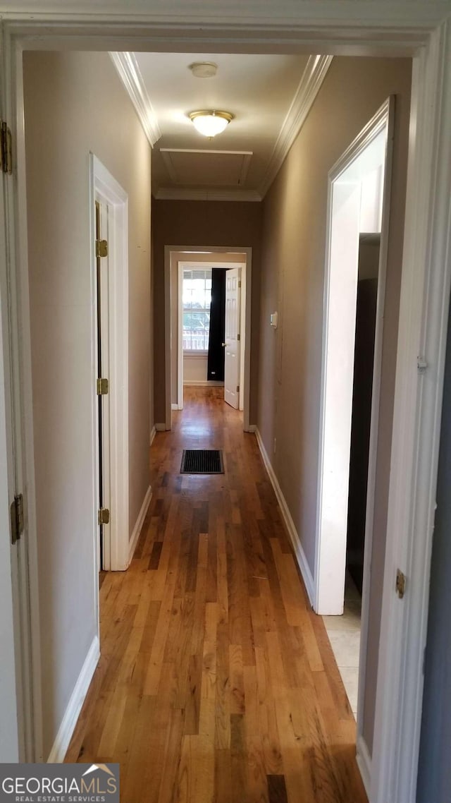 hall featuring light hardwood / wood-style floors and ornamental molding