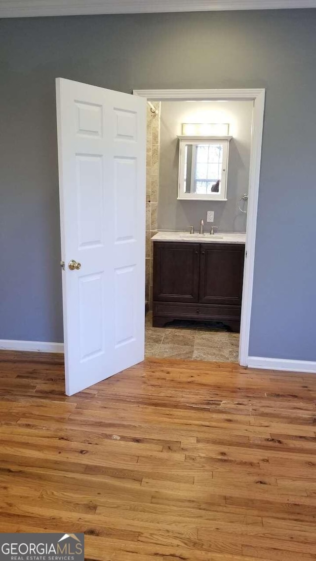 bathroom with hardwood / wood-style floors and vanity