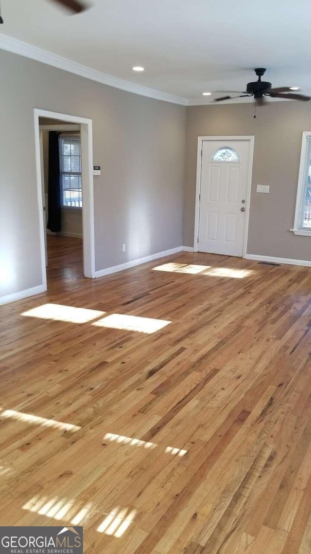 foyer entrance featuring crown molding, ceiling fan, and light wood-type flooring