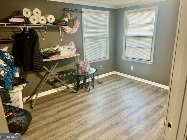 office area with hardwood / wood-style flooring and ornamental molding