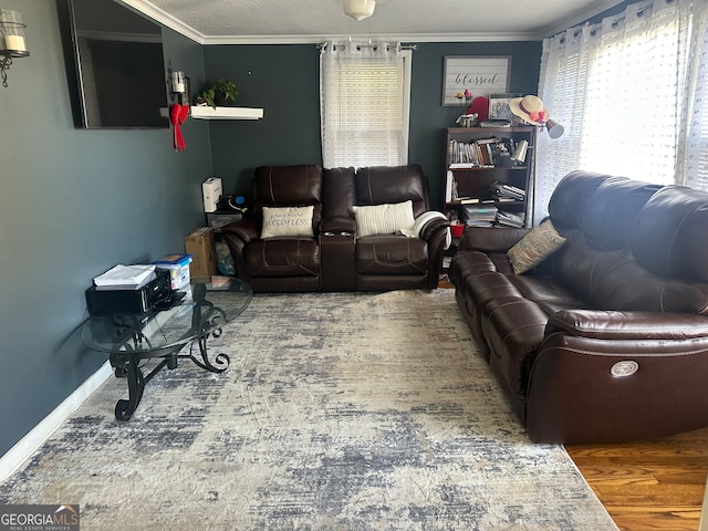 living room featuring hardwood / wood-style flooring and ornamental molding