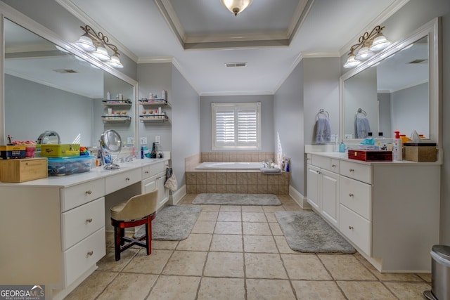 bathroom with vanity, tiled bath, and ornamental molding