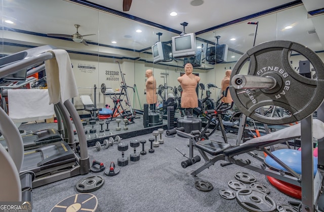 gym featuring ceiling fan