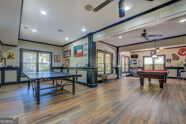 recreation room featuring hardwood / wood-style flooring, ceiling fan, crown molding, and billiards