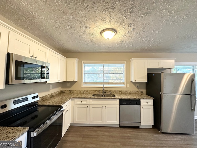 kitchen with appliances with stainless steel finishes, white cabinetry, plenty of natural light, and dark wood-type flooring