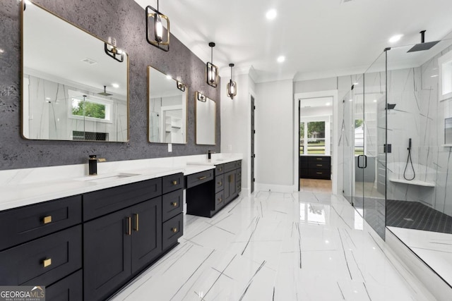 bathroom featuring vanity, a shower with door, plenty of natural light, and crown molding