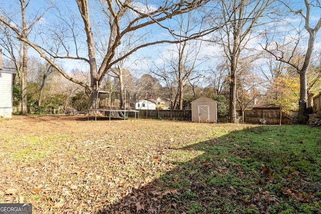 view of yard with a shed and a trampoline