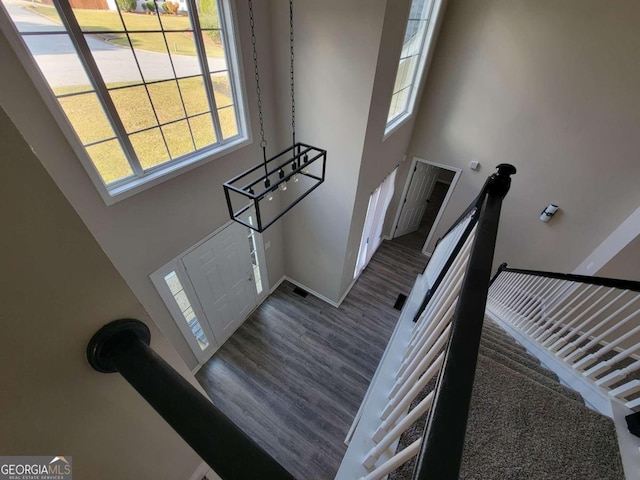 entryway with dark hardwood / wood-style flooring and a high ceiling