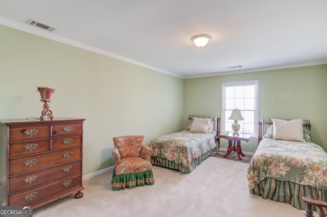 bedroom with light colored carpet, visible vents, and crown molding