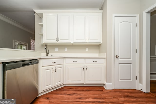 kitchen featuring stainless steel dishwasher, dark hardwood / wood-style flooring, and white cabinets