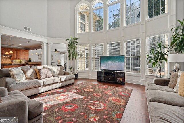 living room with a high ceiling, a wealth of natural light, and ceiling fan