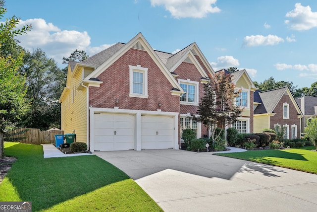 view of front of property featuring a front lawn and a garage