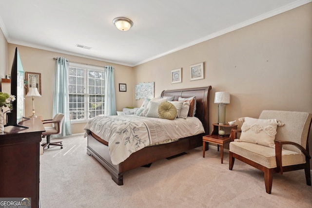 carpeted bedroom featuring ornamental molding