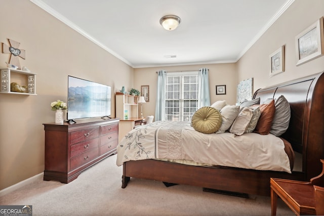 bedroom with light carpet and ornamental molding