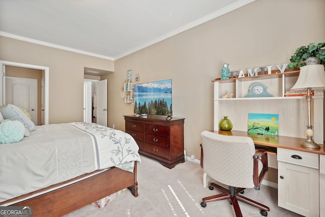 carpeted bedroom featuring crown molding