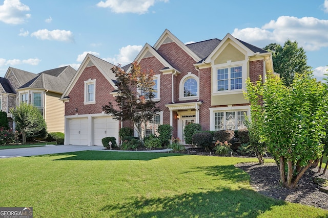 view of front of home featuring a garage and a front lawn