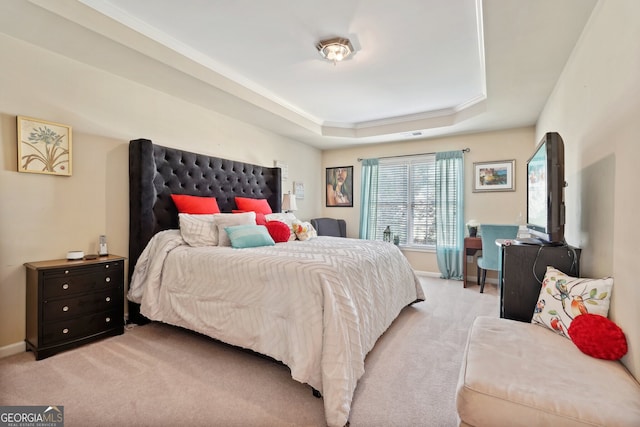 carpeted bedroom with a tray ceiling