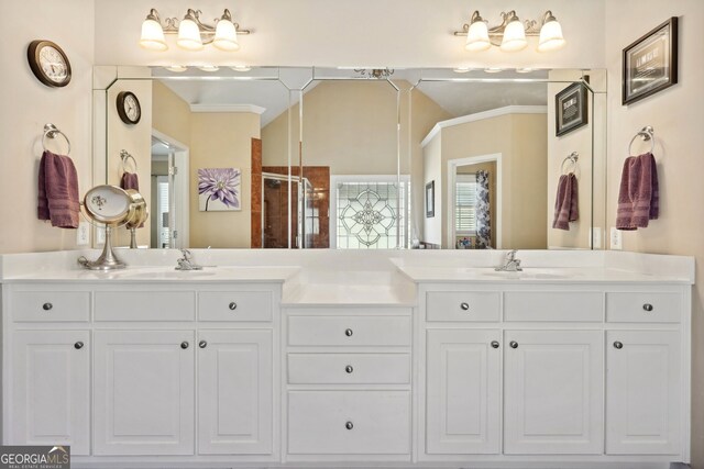 bathroom featuring vanity, a shower with door, and crown molding