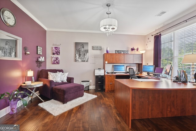 office with a chandelier, dark hardwood / wood-style floors, and crown molding