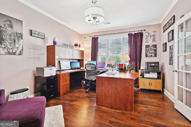 office space featuring crown molding, dark wood-type flooring, and an inviting chandelier