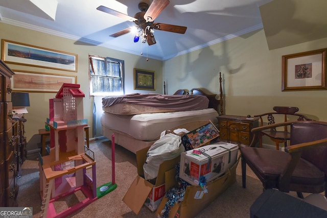 bedroom featuring ceiling fan, ornamental molding, and carpet flooring