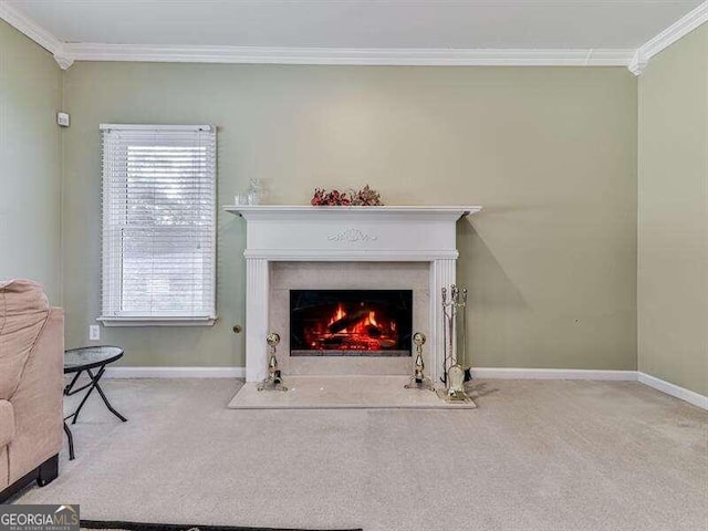 carpeted living room with crown molding