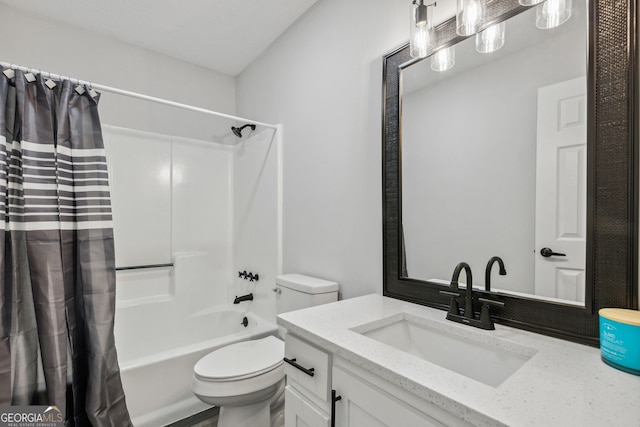 full bathroom featuring vanity, shower / bath combo, and toilet