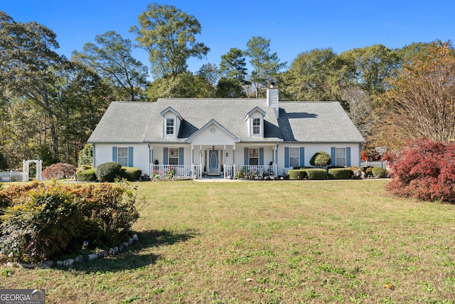 cape cod-style house featuring a front lawn and covered porch