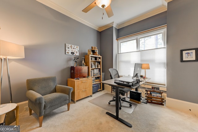 office with light carpet, ceiling fan, and crown molding