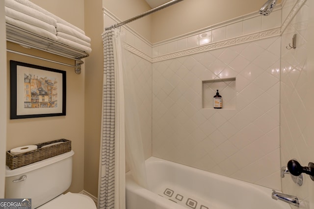 bathroom with toilet and shower / bathtub combination with curtain