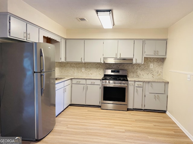 kitchen with a textured ceiling, decorative backsplash, light hardwood / wood-style floors, and stainless steel appliances