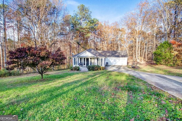 ranch-style house with a front yard and a porch