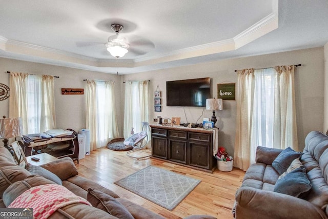 living room featuring ceiling fan, ornamental molding, light hardwood / wood-style flooring, and a tray ceiling