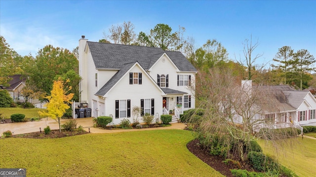 view of front of property featuring a front yard and a garage