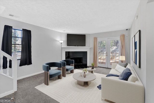 carpeted living room featuring a healthy amount of sunlight, a textured ceiling, and french doors