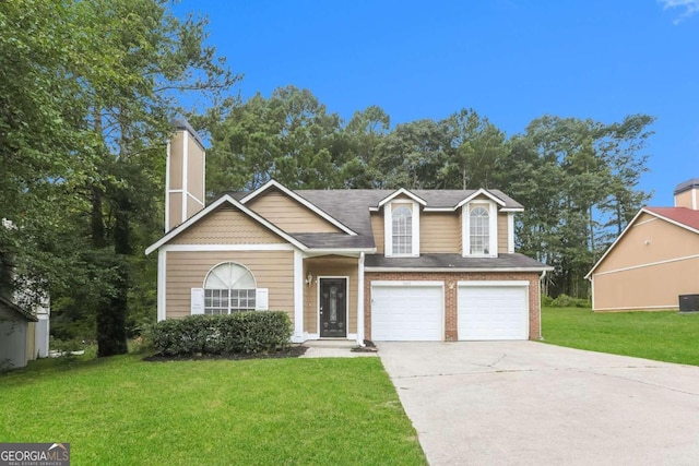 view of front of house with central AC, a garage, and a front lawn