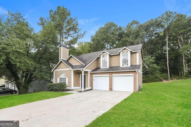 view of front of property with a garage and a front lawn