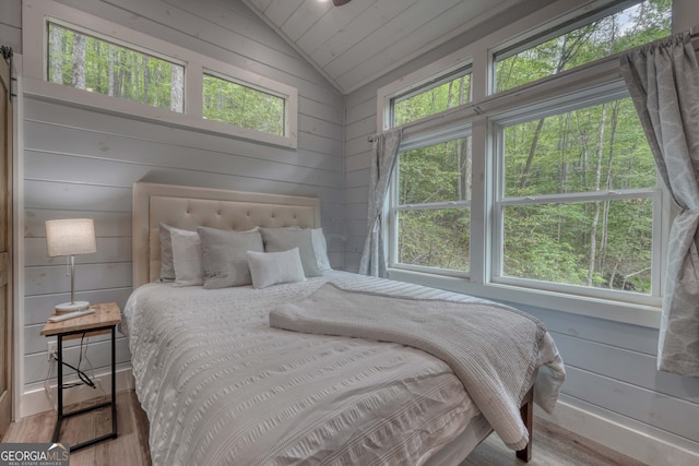 bedroom with lofted ceiling and light hardwood / wood-style flooring