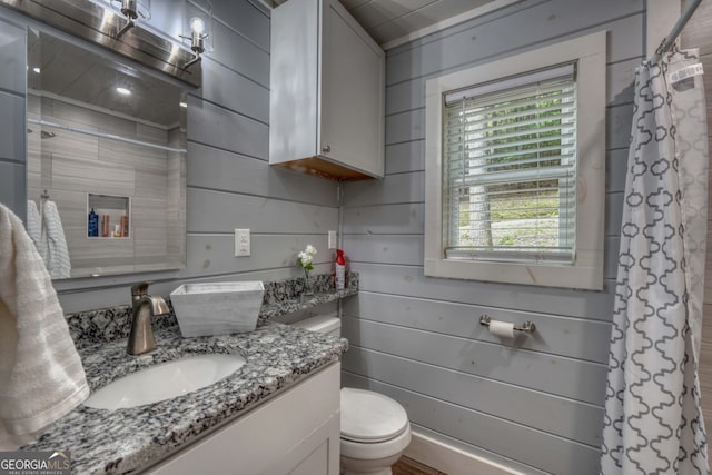 bathroom featuring vanity, wooden walls, and toilet