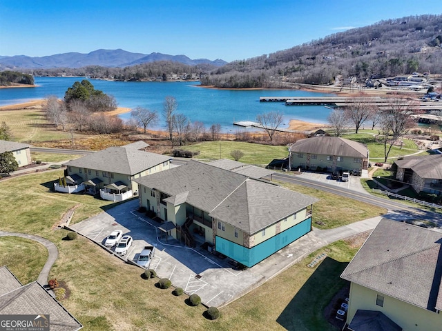 bird's eye view featuring a water and mountain view