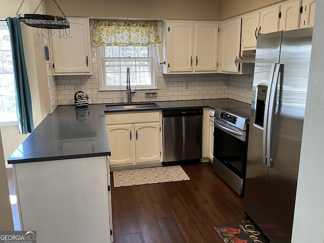 kitchen featuring sink, dark hardwood / wood-style floors, kitchen peninsula, stainless steel appliances, and white cabinets