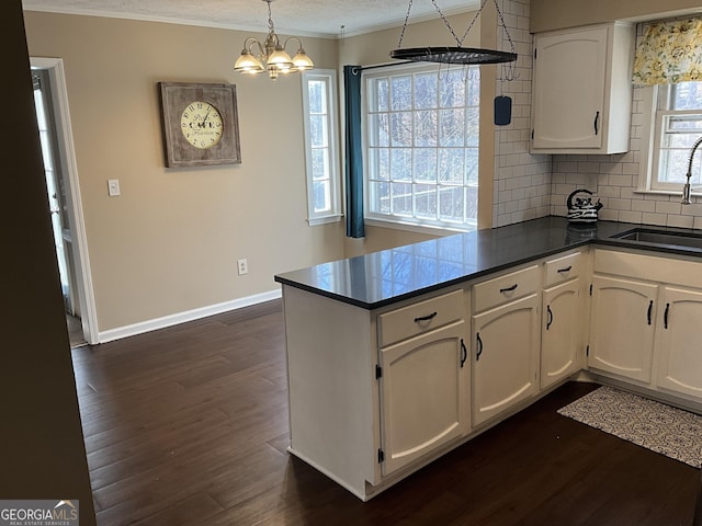 kitchen featuring pendant lighting, white cabinetry, sink, dark hardwood / wood-style flooring, and kitchen peninsula