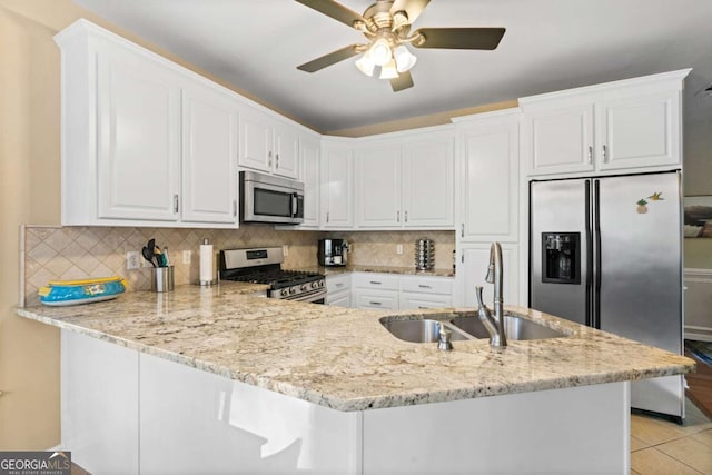 kitchen featuring sink, decorative backsplash, appliances with stainless steel finishes, white cabinetry, and kitchen peninsula