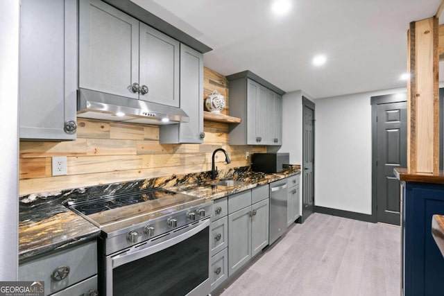 kitchen featuring backsplash, sink, gray cabinets, light wood-type flooring, and stainless steel appliances