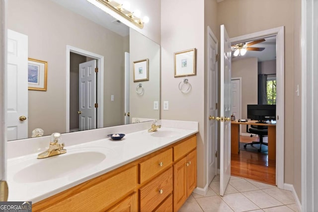 bathroom featuring vanity, tile patterned floors, and ceiling fan