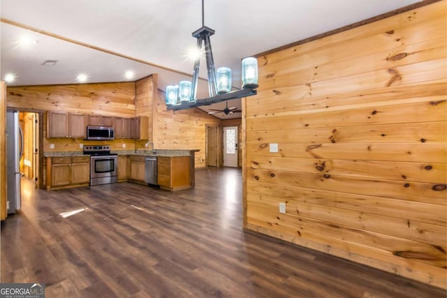 kitchen featuring stainless steel appliances, vaulted ceiling, hanging light fixtures, and dark hardwood / wood-style floors