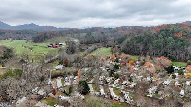 bird's eye view with a mountain view and a wooded view