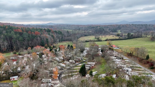 drone / aerial view featuring a wooded view and a mountain view