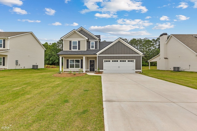 craftsman inspired home featuring central AC and a front lawn