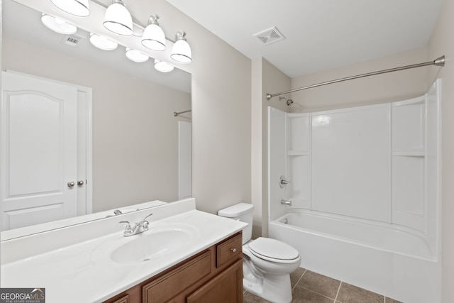 full bathroom featuring toilet, shower / bathing tub combination, vanity, and tile patterned floors